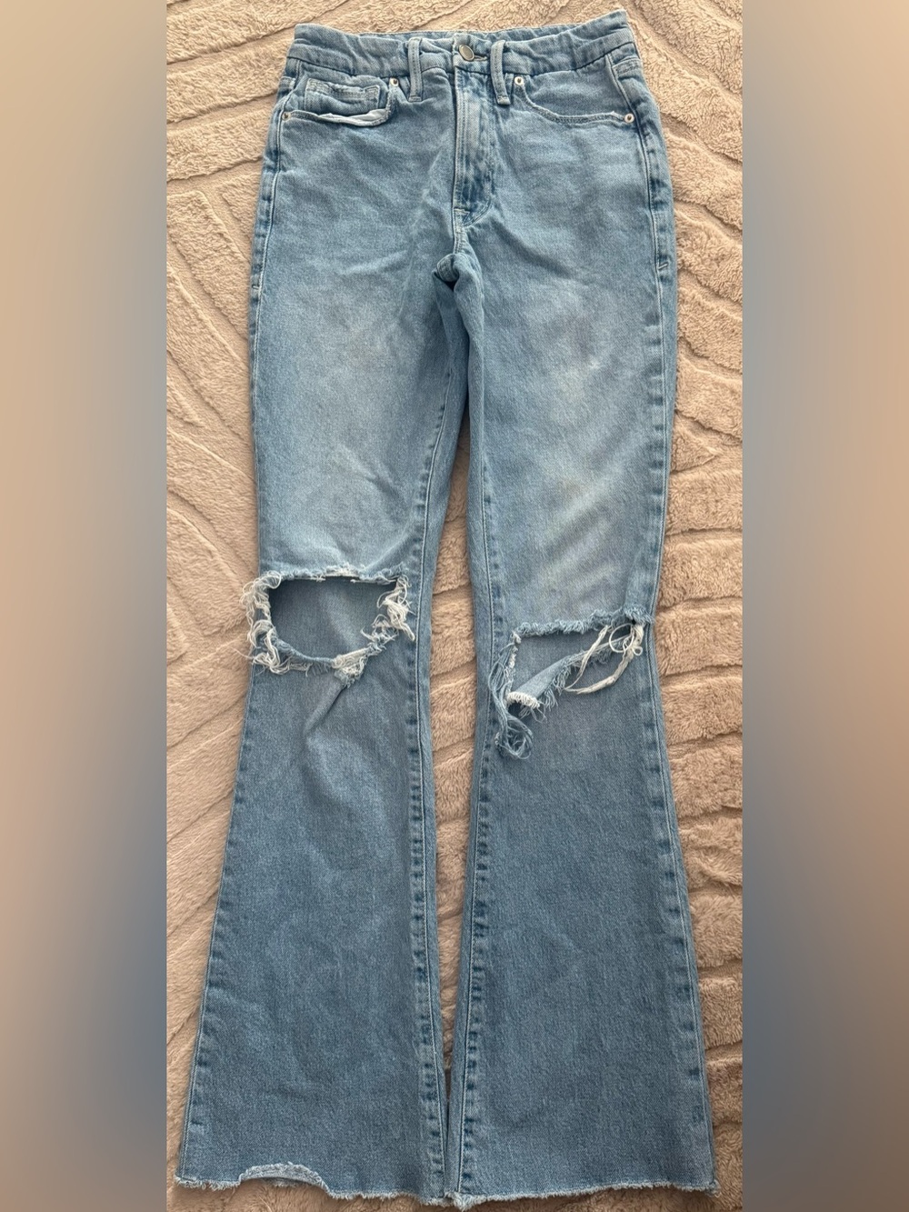 Good American Light Blue Distressed Flare Jeans